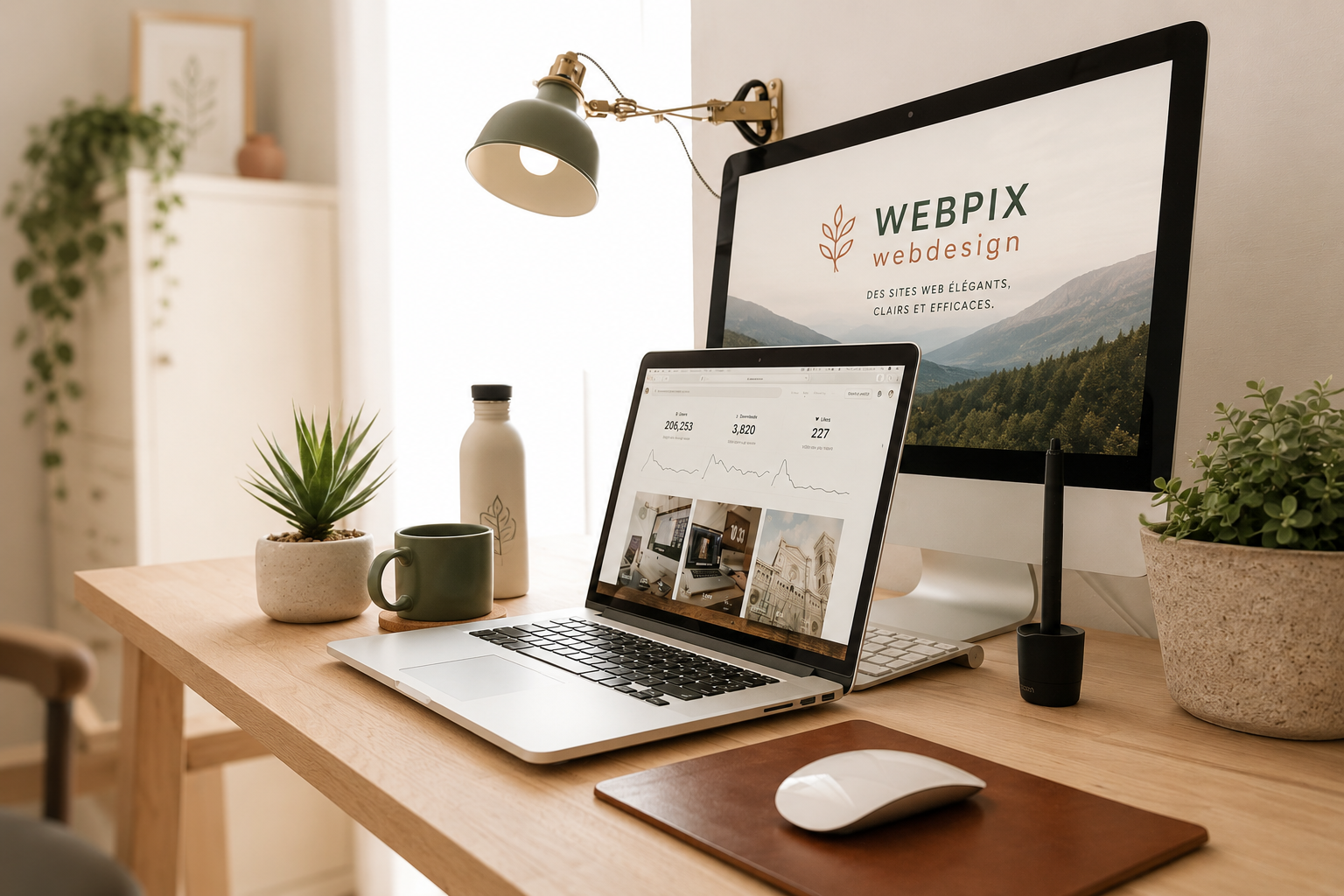 Bureau de webdesigner avec ordinateur, tablette, smartphone et plantes